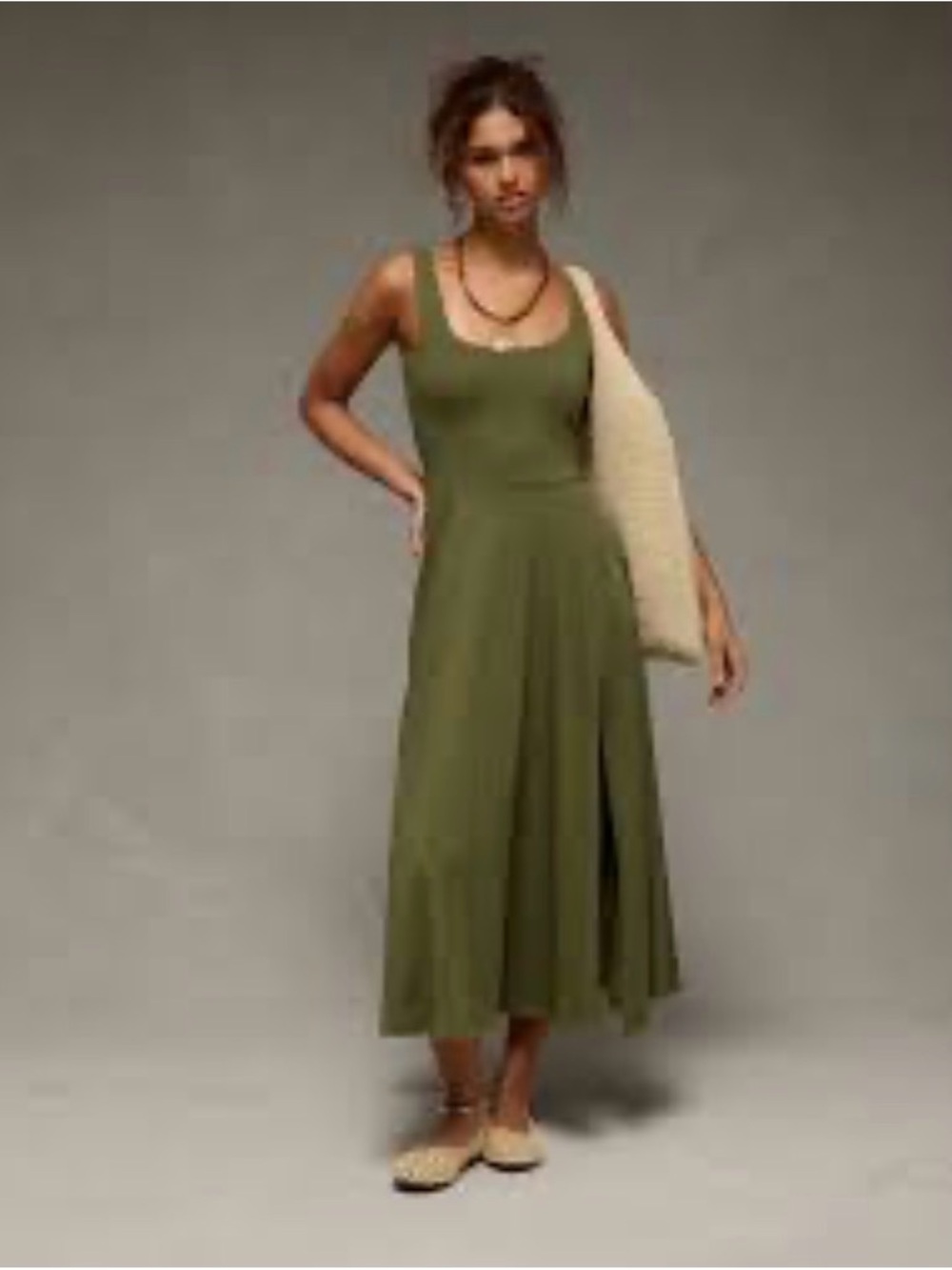 American Eagle Outfitters Olive Green Scoop Neck Midi Dress